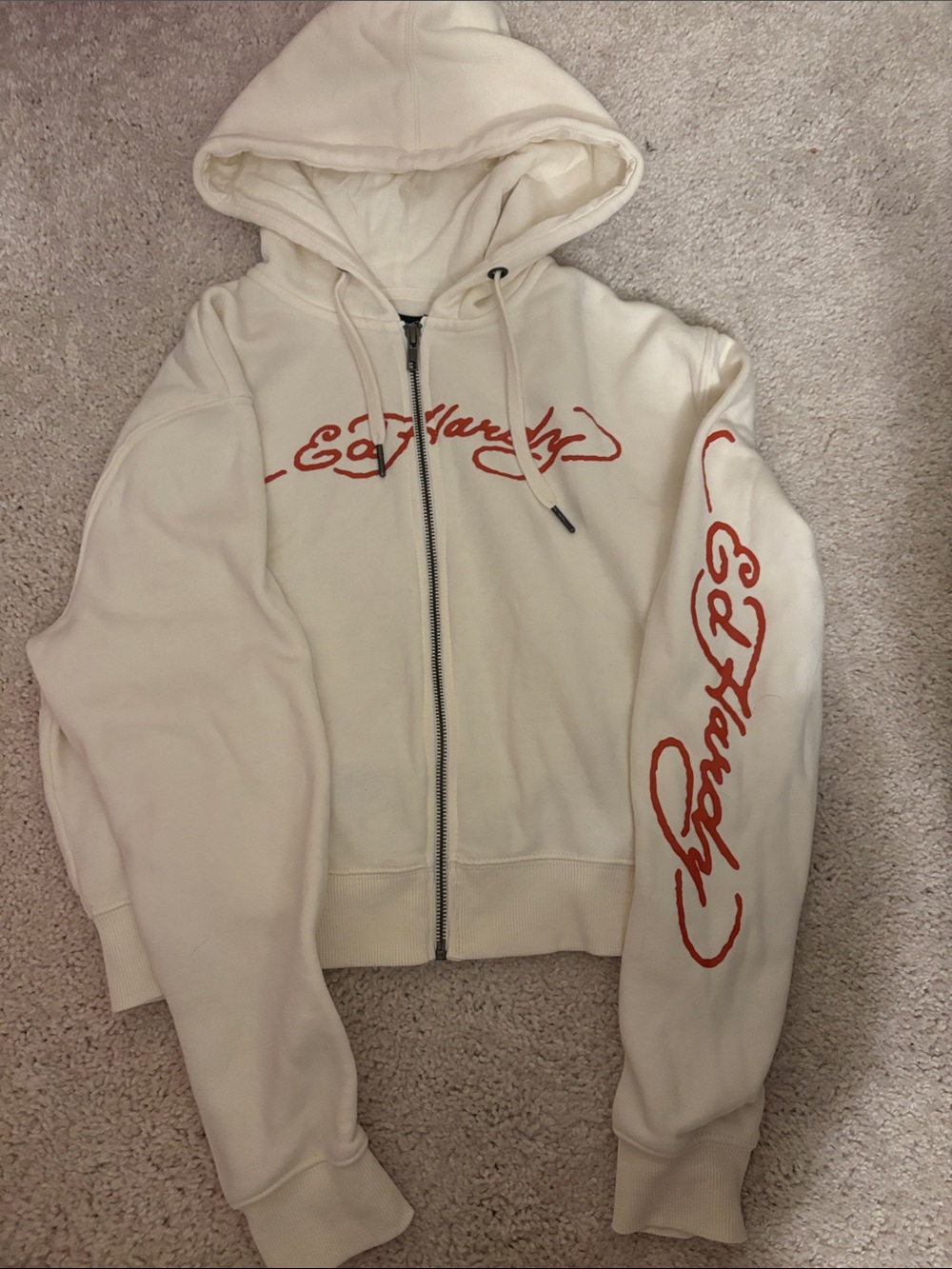 Ed Hardy Cream Zip-Up Hoodie with Red Script Logo